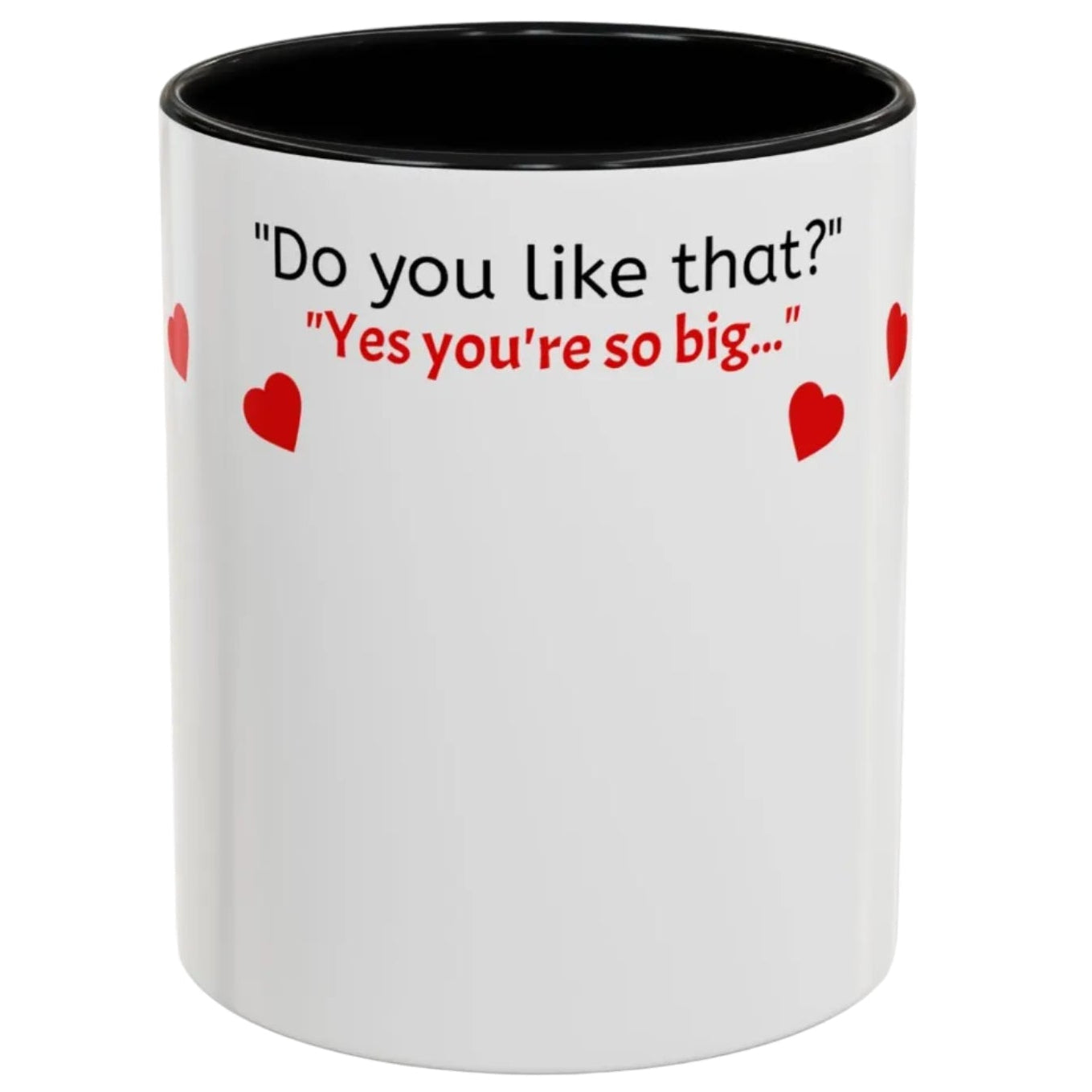 White mug with black interior, text, and red hearts on a white background