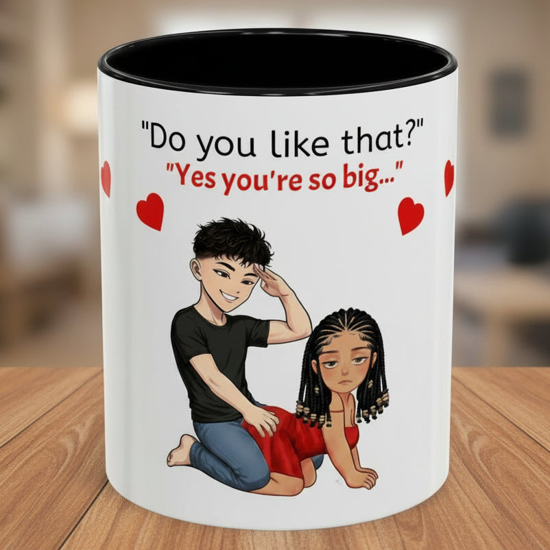 Mug with cartoon characters and humorous text on a white background