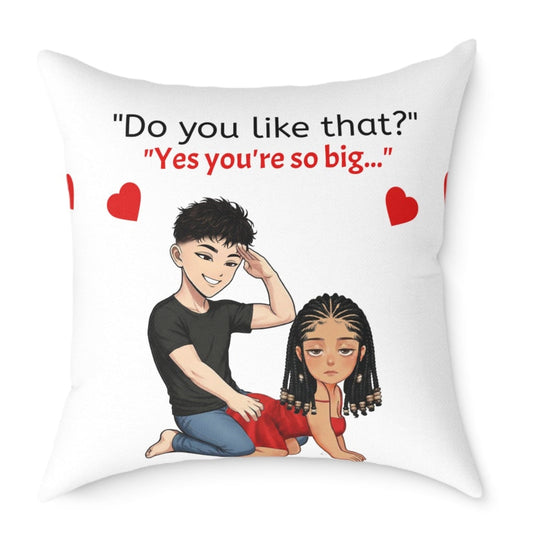 Decorative pillow with cartoon characters and text on a white background